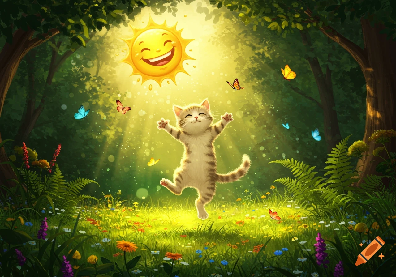 A happy cartoon kitten leaps in a sun-drenched forest meadow filled with wildflowers and butterflies, under a smiling sun.