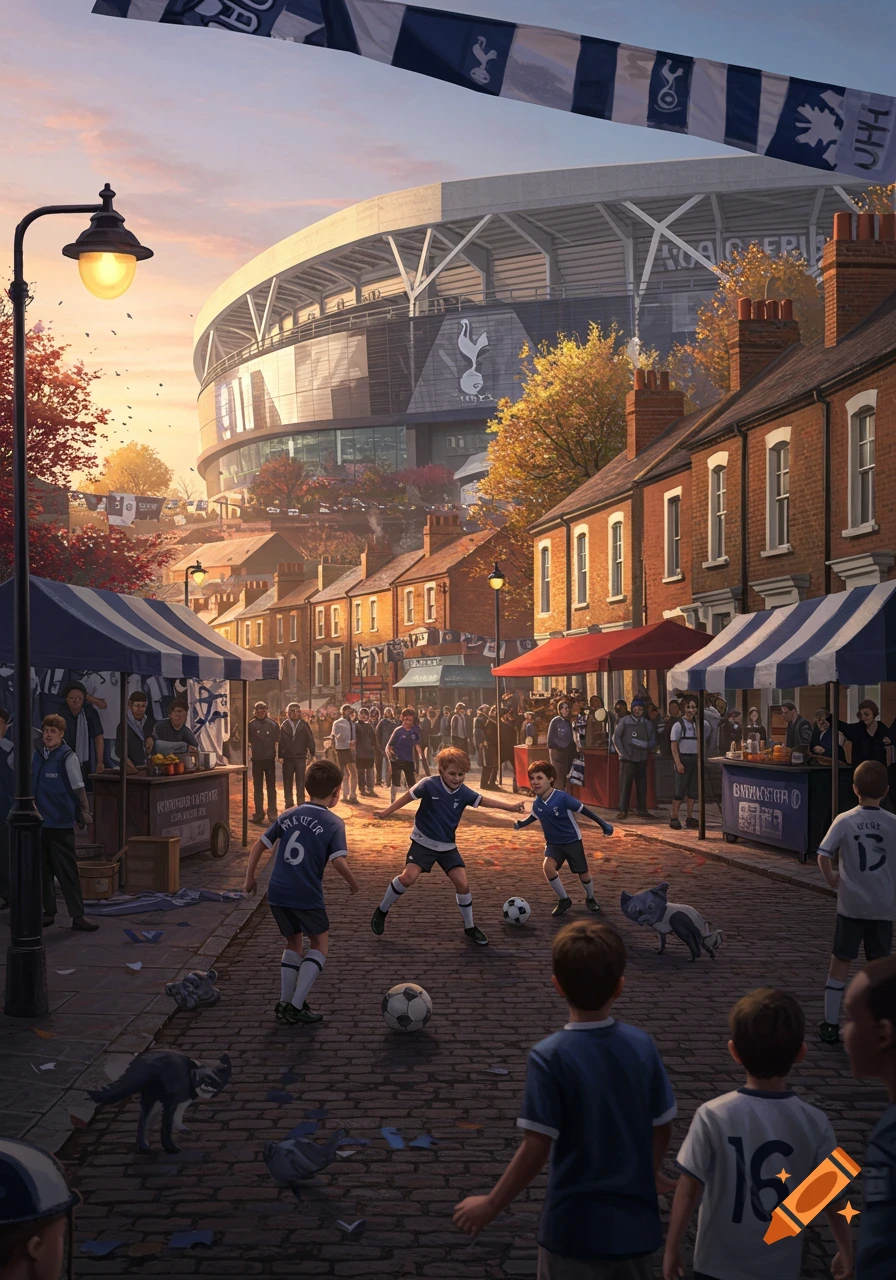 Children play soccer on a cobbled street in front of a modern football stadium, with market stalls and brick houses under a sunset sky. Tottenham Hotspur flags and logos are visible.