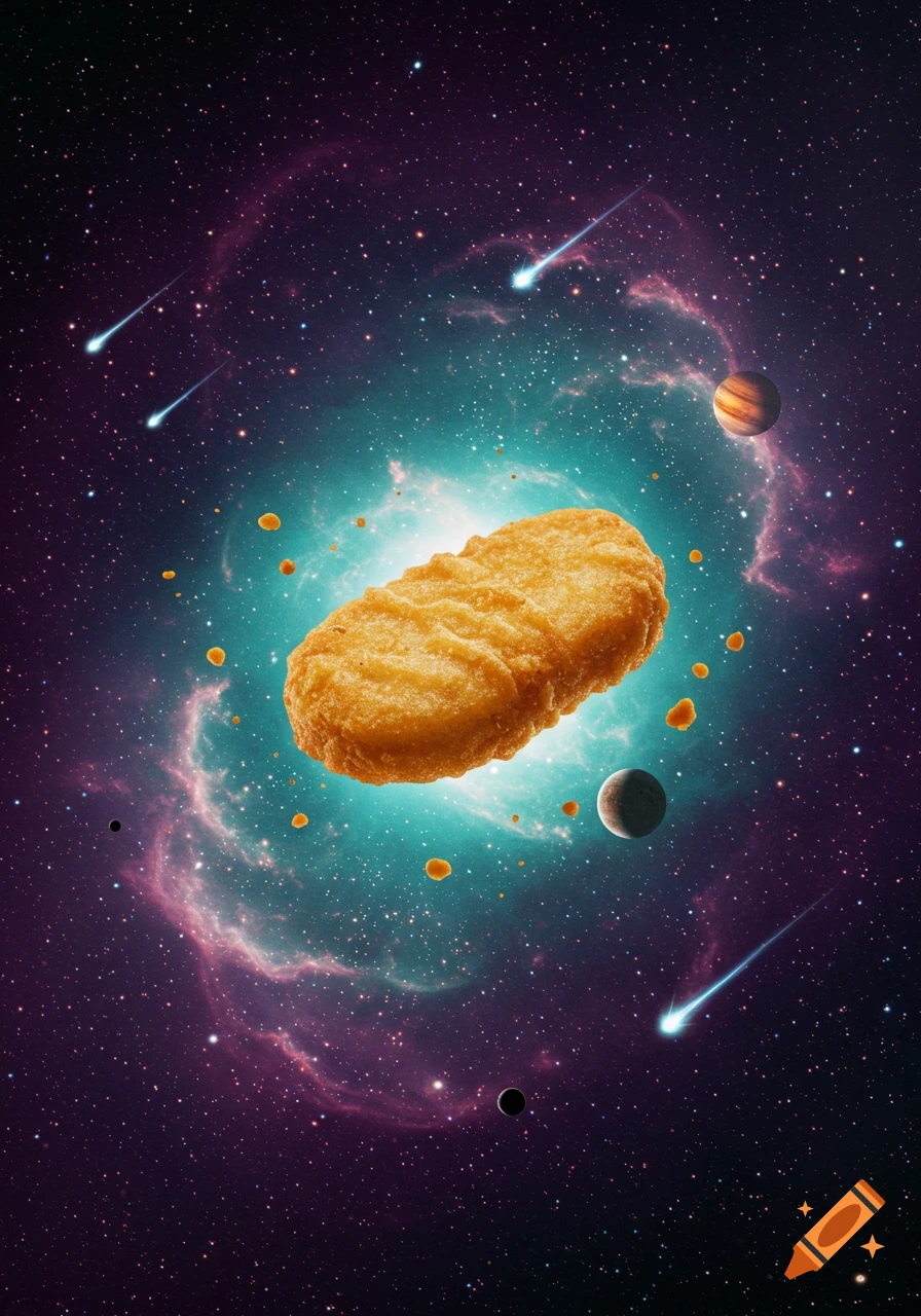 A photorealistic chicken nugget floats in a vibrant cosmic scene with nebulas, planets, and shooting stars.