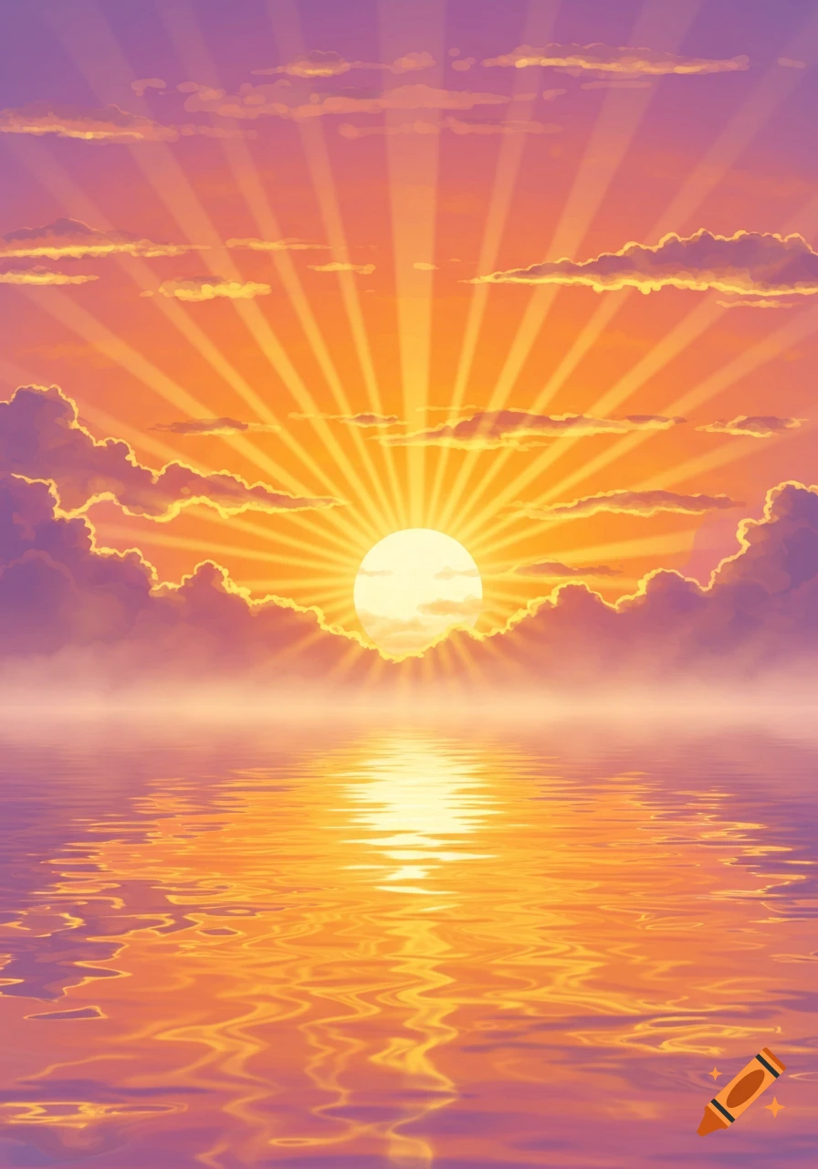 Vibrant orange and purple sunset with sun rays reflecting on calm water.