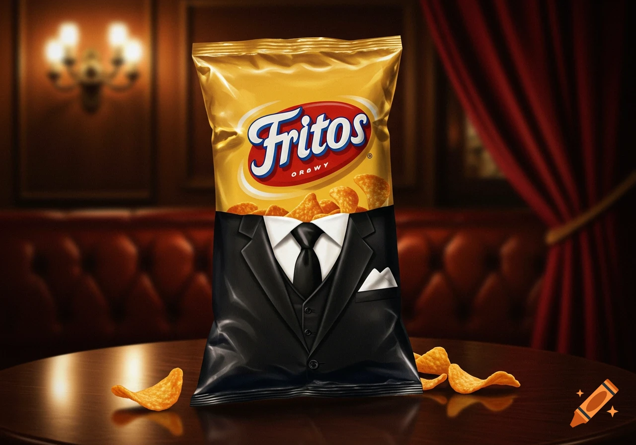 A Fritos chip bag dressed in a black tuxedo with a white shirt and black tie, sitting on a table in a dimly lit, upscale room.