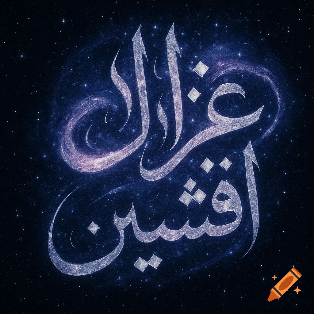 Stylized Arabic calligraphy of the names 'Ghazaleh' and 'Afshin' rendered in luminous purple and white against a starry dark blue galaxy background.