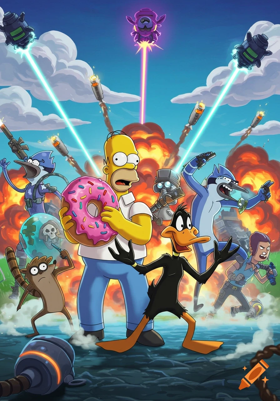 Homer Simpson, Daffy Duck, and characters from Regular Show and Fortnite battle aliens and missiles in a dynamic, colorful cartoon scene.
