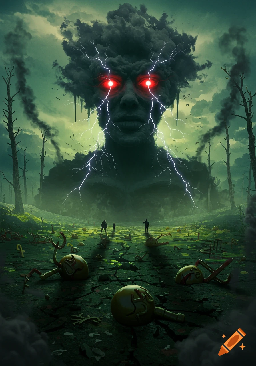 A giant, ominous, cloud-headed entity with glowing red eyes and lightning towers over a cracked, desolate green landscape with bare trees and small figures.