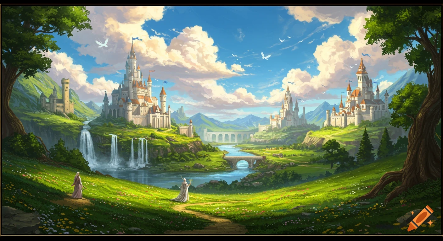 A lush fantasy landscape with multiple castles, waterfalls, rivers, and bridges under a cloudy blue sky. Two figures walk on a path in the foreground.