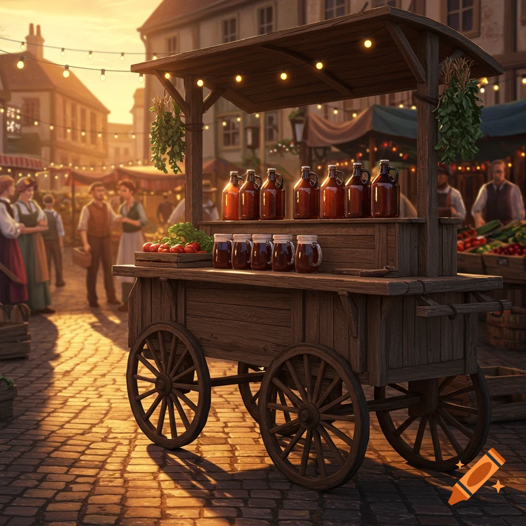 A photorealistic image of a wooden market cart with bottles and jars, set on a cobblestone street in a bustling market at sunset.