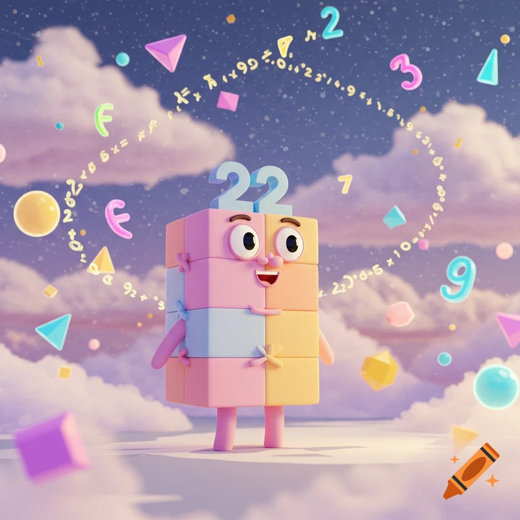 A pastel-colored Numberblock character shaped like blocks with big eyes and a smile, topped with the number '22', stands in a cloudy, starry sky with floating numbers, letters, and geometric shapes.
