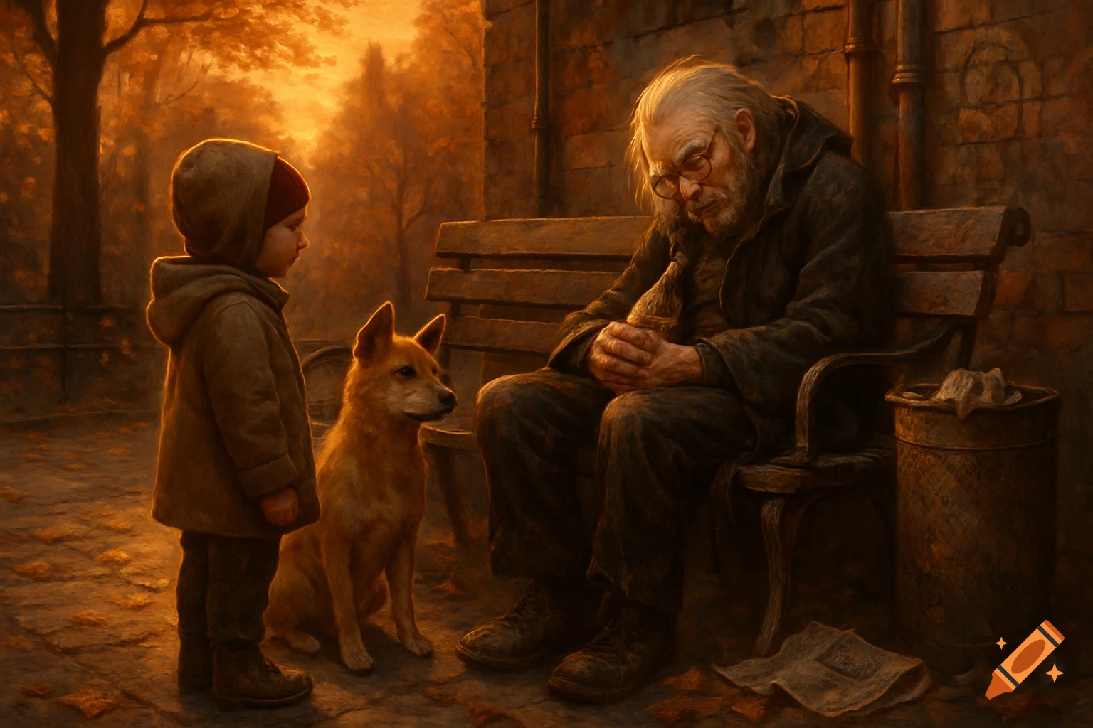 Painterly scene of a child and dog observing a frail old man sleeping on a park bench in warm autumn light.