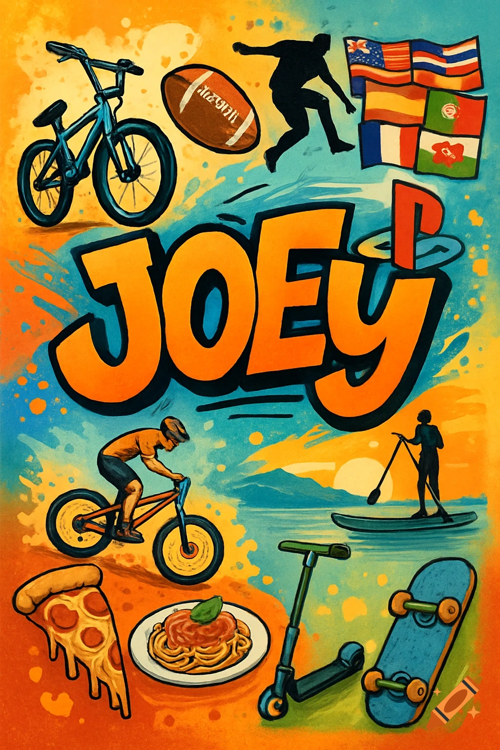 Vibrant, illustrative collage with the name "JOEY" centrally. It features items like a BMX bike, football, bmx rider, paddle boarder, scooter, skateboard, pizza slice, pasta, and various flags on a textured orange and blue background.