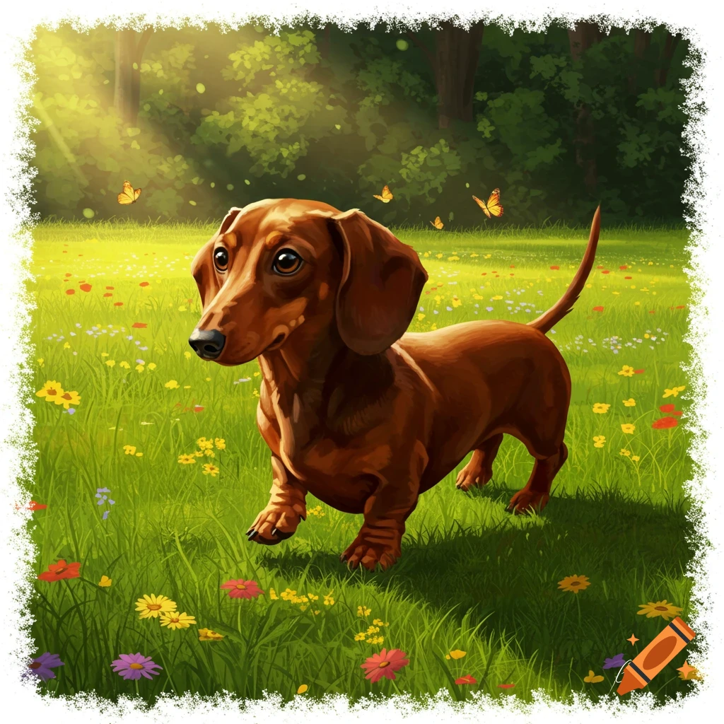 A brown dachshund dog stands in a vibrant green field filled with colorful wildflowers, bathed in sunlight, with butterflies in the background.