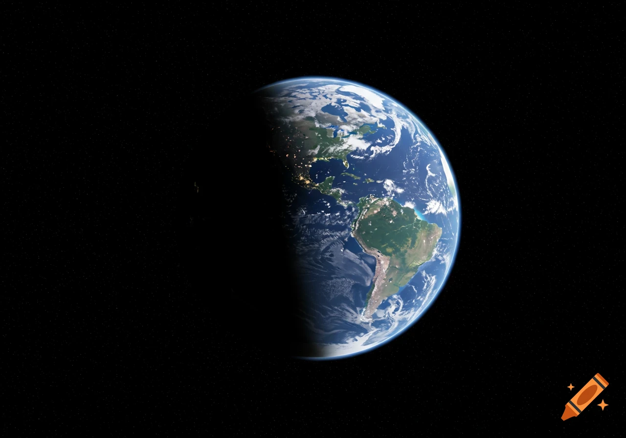 View of Earth from space, showing day and night hemispheres with city lights visible on the night side.
