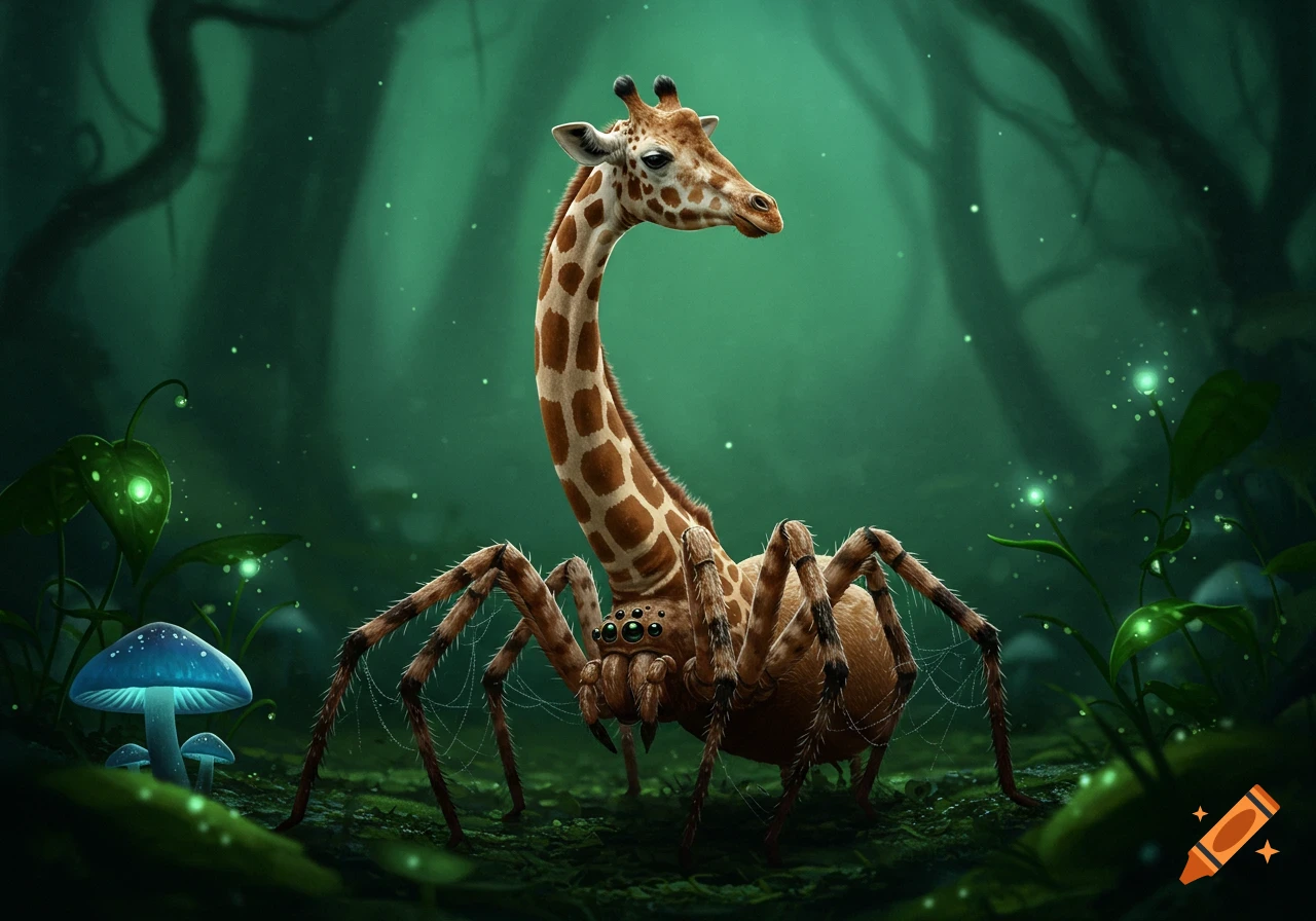 A fantastical creature with a giraffe head and long neck on a spider's body stands in a dark green, glowing forest with blue mushrooms.