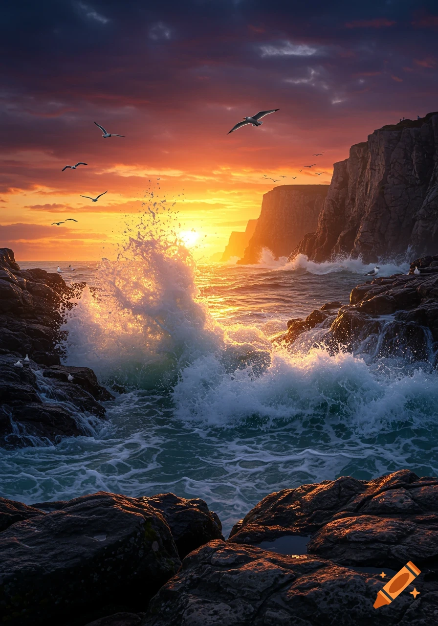 Photorealistic image of a dramatic sunset over a rocky ocean, with large waves crashing against cliffs and seagulls flying.