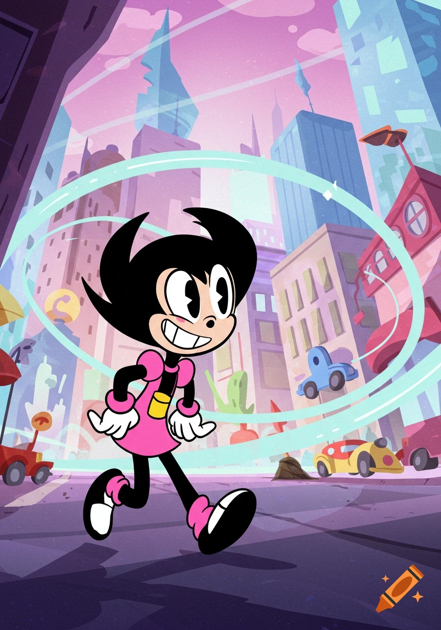 A cheerful, black-haired cartoon character in a pink dress runs through a vibrant, stylized city with towering buildings.