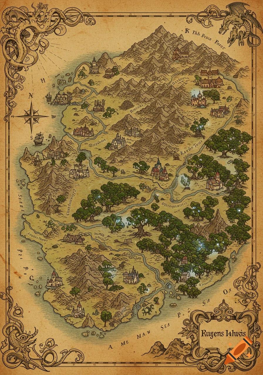 A detailed, aged-looking fantasy map of an island, featuring mountains, forests, rivers, castles, and a compass rose, framed by mythical creatures.