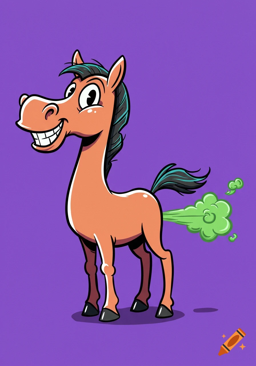A smiling cartoon horse stands sideways on a purple background, with a green fart cloud behind its rear.