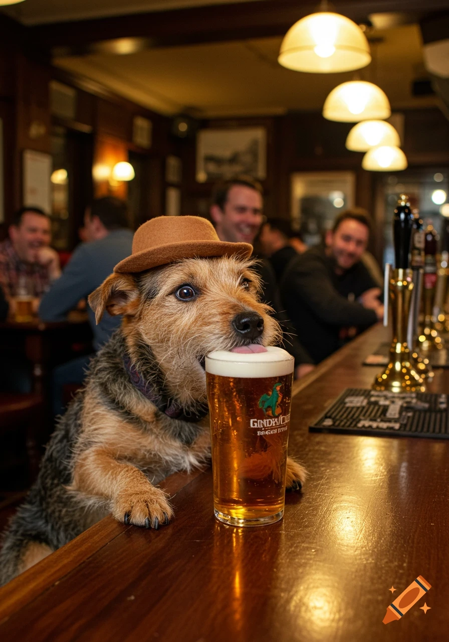 A shaggy terrier dog wearing a small brown hat stands at a pub bar, playfully licking the foam from a pint of beer. Photorealistic.