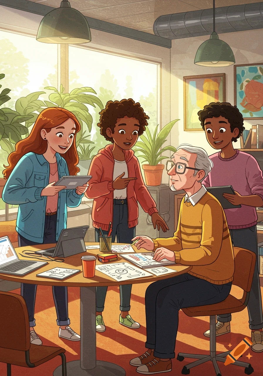 A group of diverse students in a bright, modern cartoon style, gathered around a table with a laptop, tablets, and papers, advising an older man in glasses.