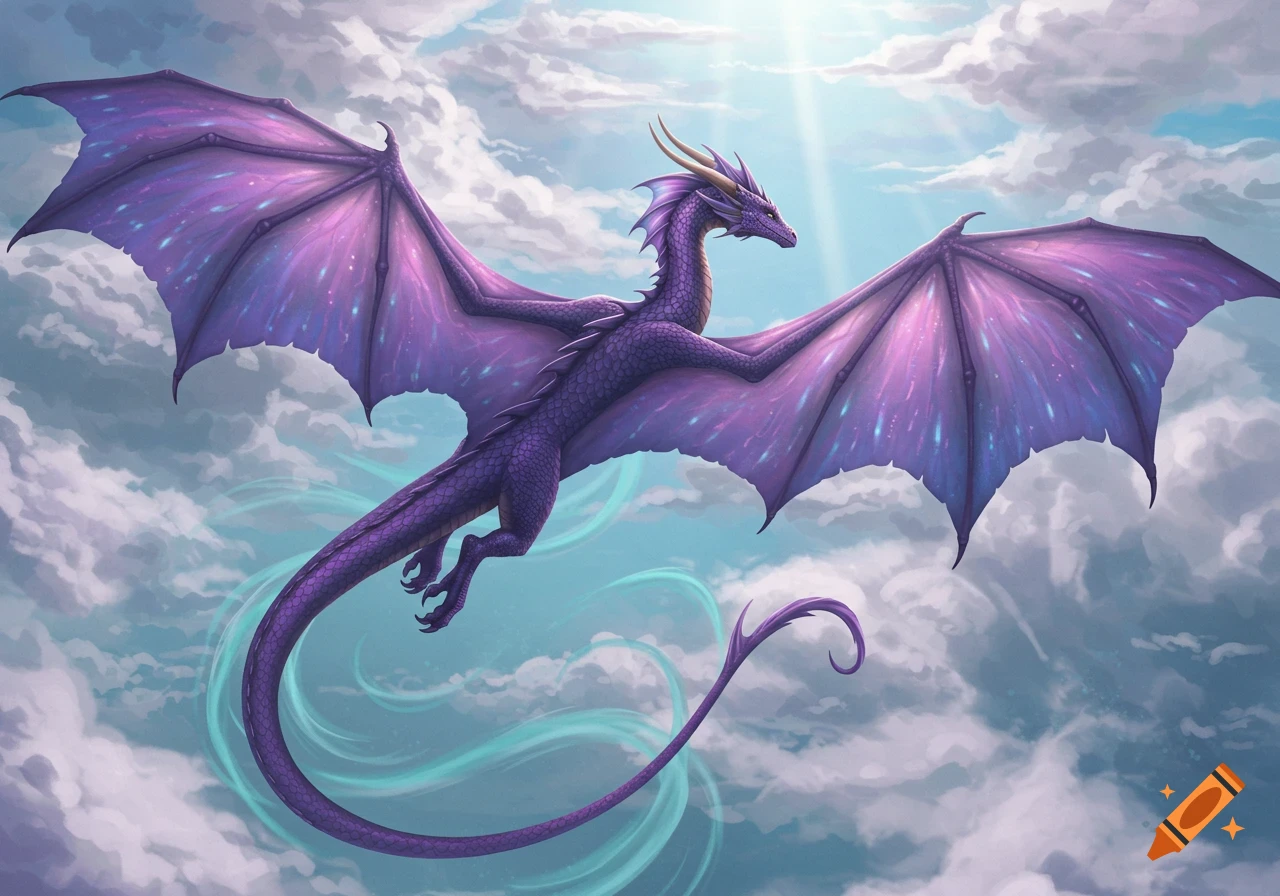 A majestic purple dragon with large, glowing wings and golden horns soars through a bright, cloudy sky with sun rays.