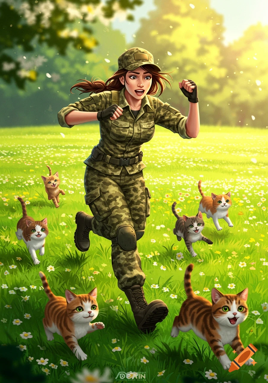 A woman in a camouflage uniform runs through a field of white flowers, being chased by six playful kittens, in a vibrant fantasy art style.