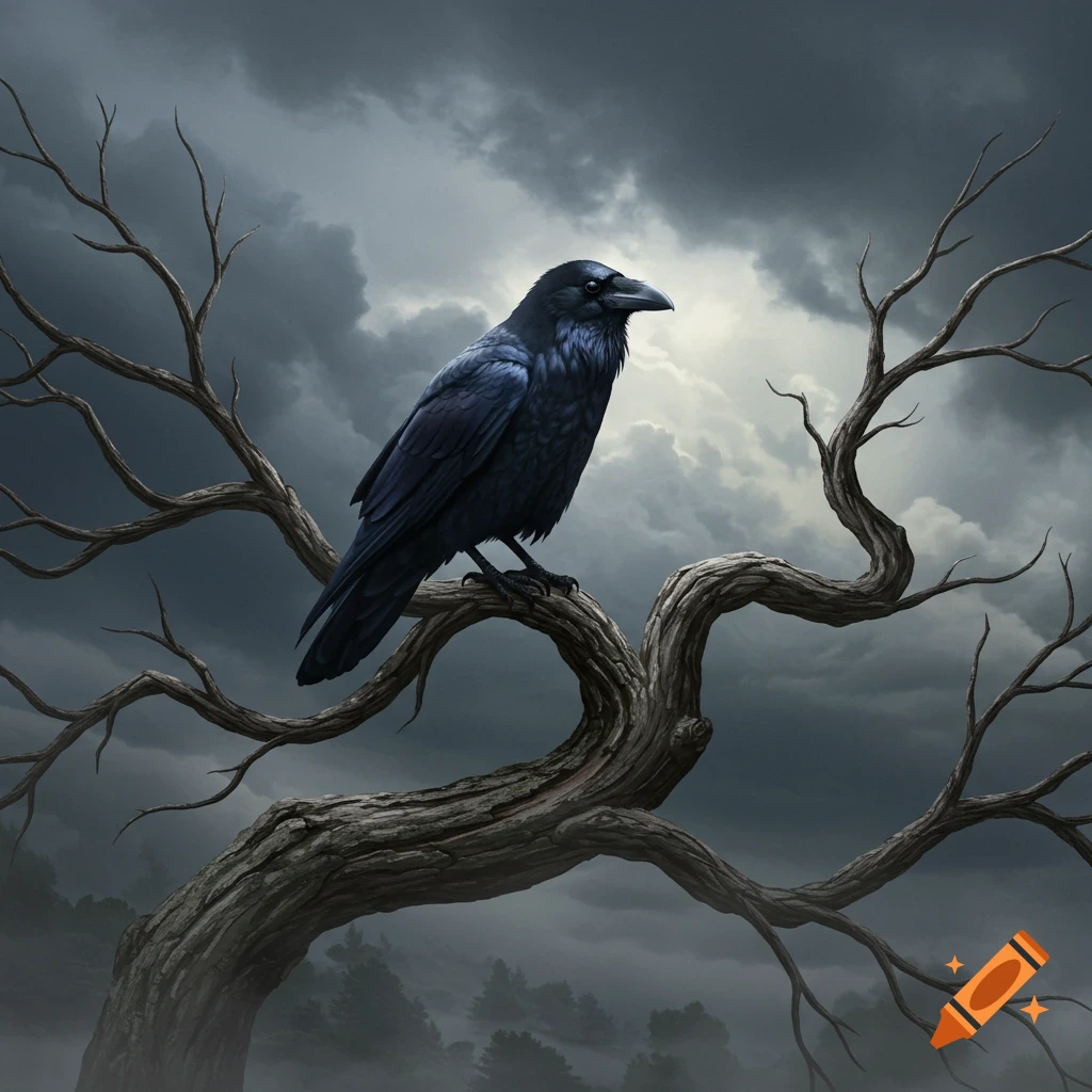 A dark raven perches on a gnarled, bare tree branch under a stormy, cloudy sky.