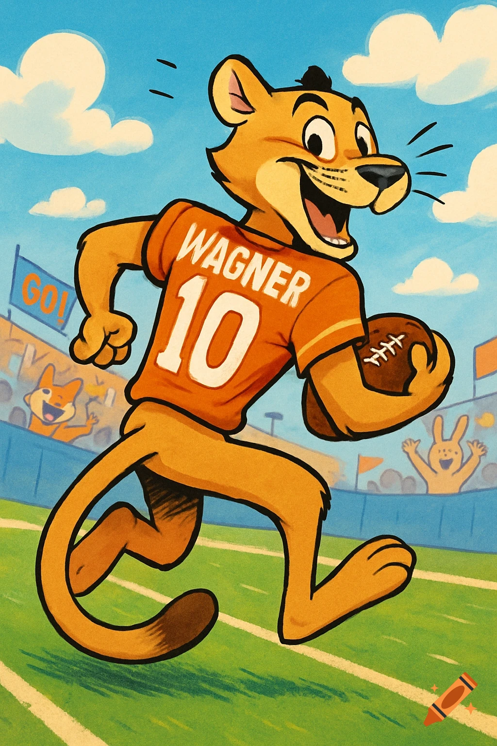 Cartoon cougar in orange 'WAGNER 10' jersey runs with a football on a green field with cheering mascots.