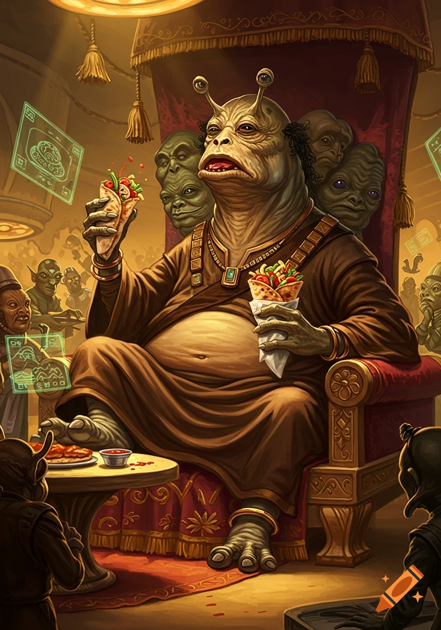 A large, Hutt-like alien in a brown robe sits on a golden throne, eating two shawarma wraps, surrounded by other aliens.