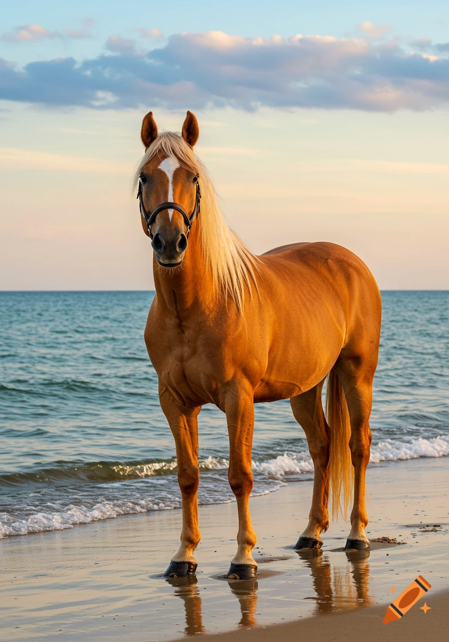 A photorealistic image of a palomino horse with a white mane standing on a sandy beach with ocean waves at sunset.