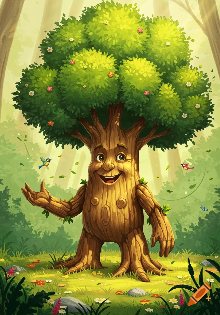 A cheerful cartoon tree mascot with a face and arms stands in a bright, green forest with flowers and birds.
