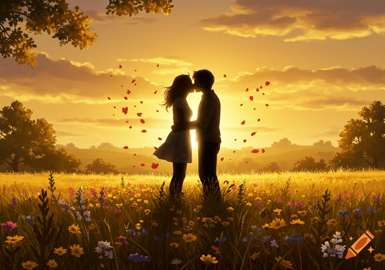Anime-style illustration of a couple kissing passionately in a field of wildflowers during a golden sunset, with red petals falling around them.