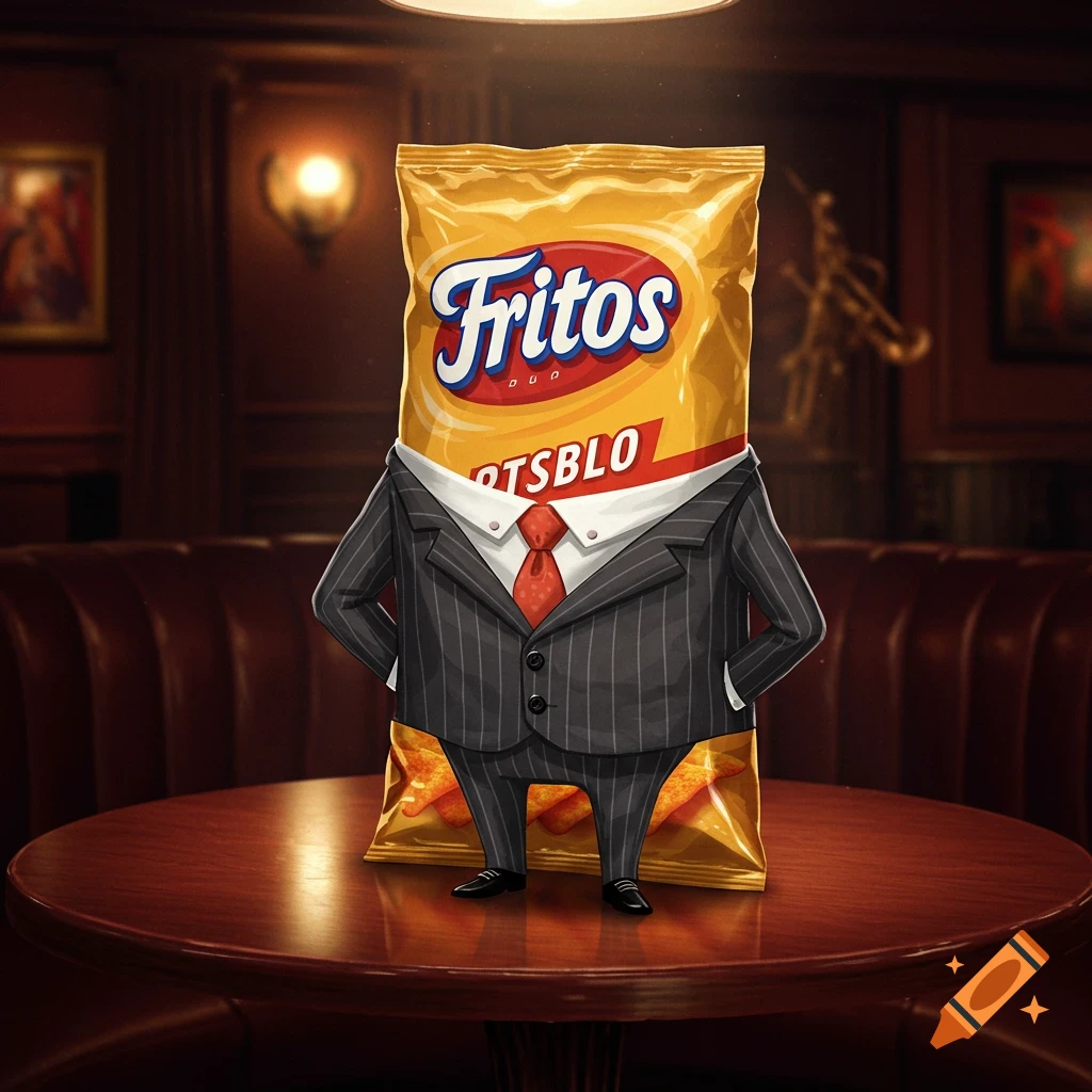 A Fritos bag in a pinstripe suit and red tie stands on a wooden table in a dimly lit bar.