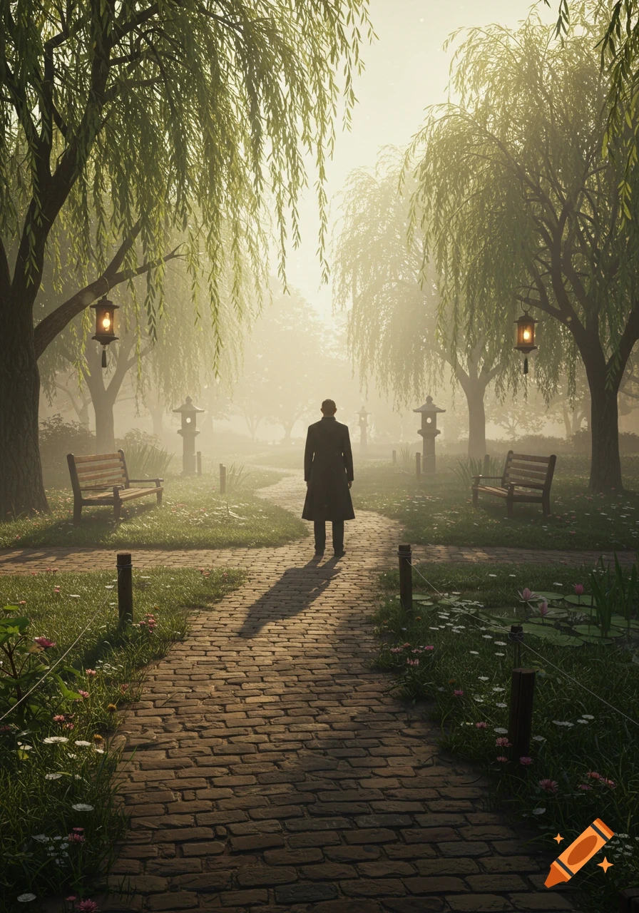 A person in a long coat walks on a brick path through a misty park with willow trees, benches, and glowing lanterns.
