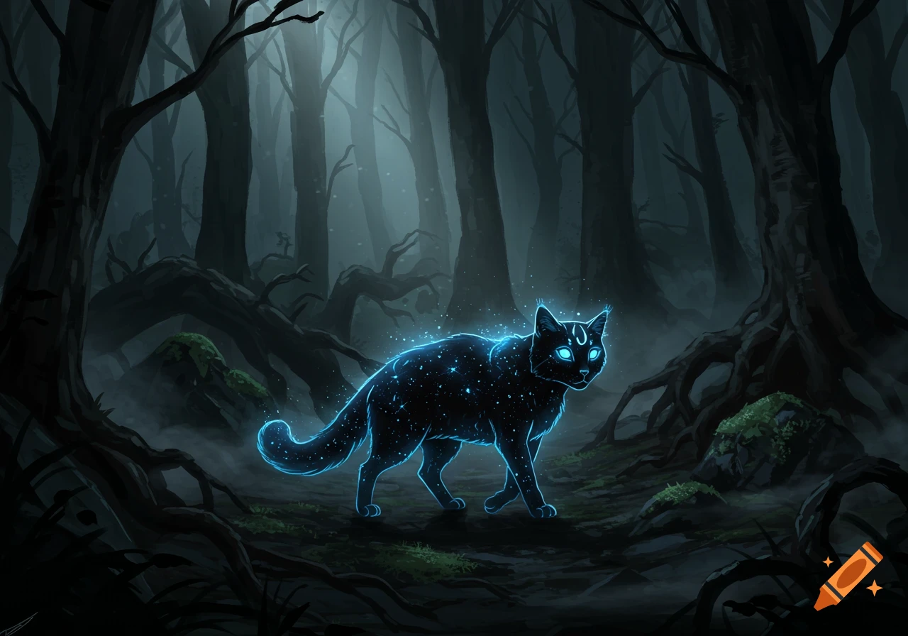 A glowing blue starry cat walks through a dark, foggy forest at night.