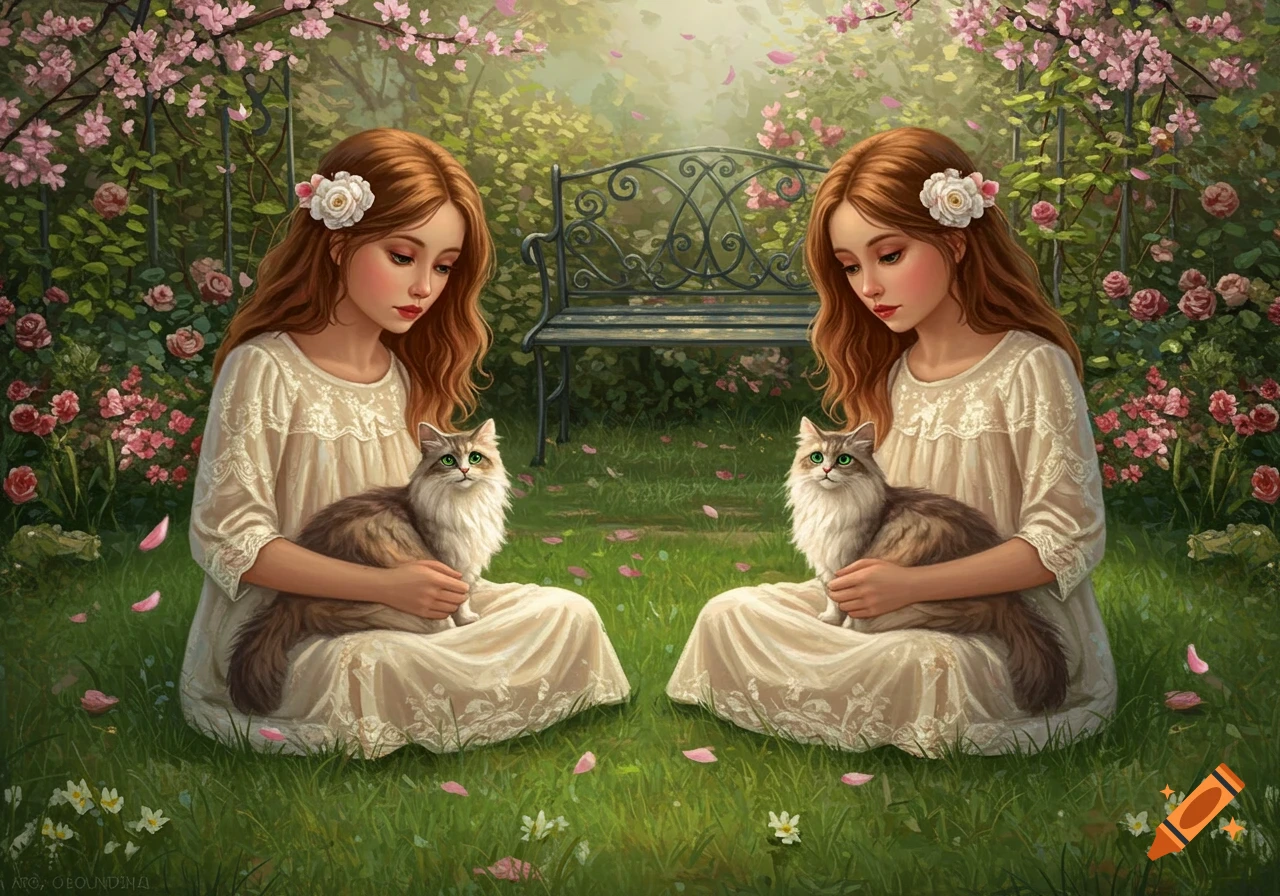 Two girls in white dresses sit in a lush garden with pink flowers, each holding a fluffy cat, with an iron bench in the background.