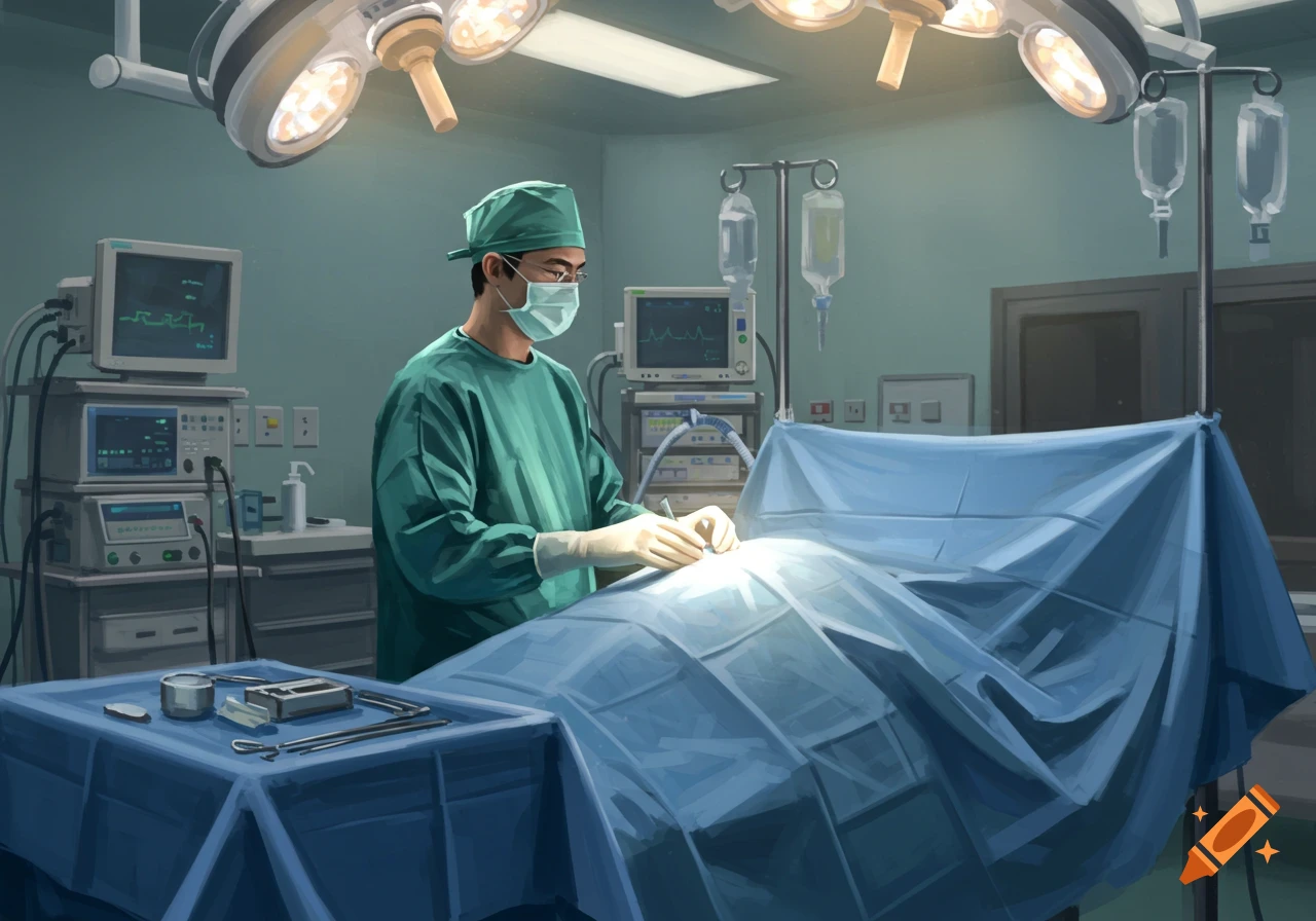An illustration of a surgeon performing a procedure in an operating room, surrounded by medical equipment.