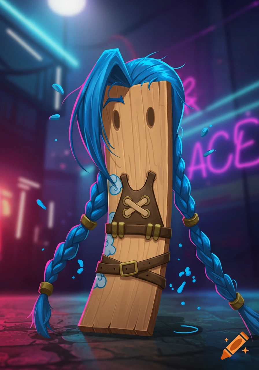 Cartoon wooden plank with blue braided hair and leather straps, stylized as Jinx from League of Legends, in a neon city street.