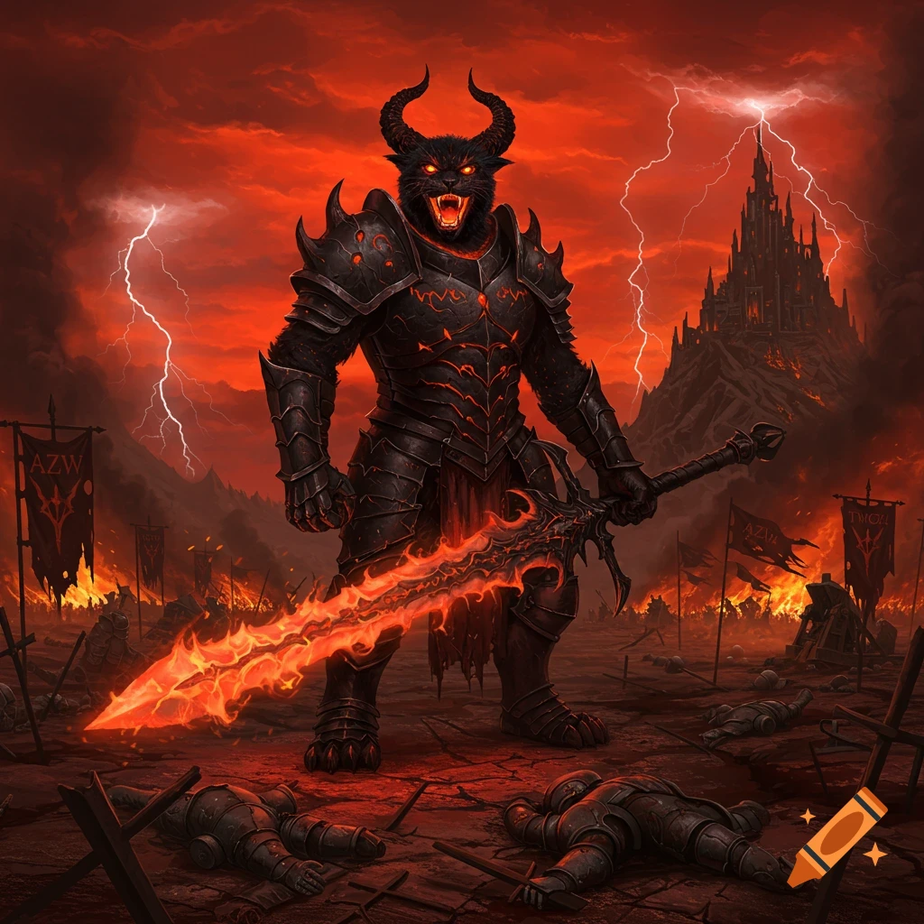 A demonic black cat warrior in black armor with glowing eyes and horns wields a flaming sword on a fiery, lightning-struck battlefield with a dark castle.
