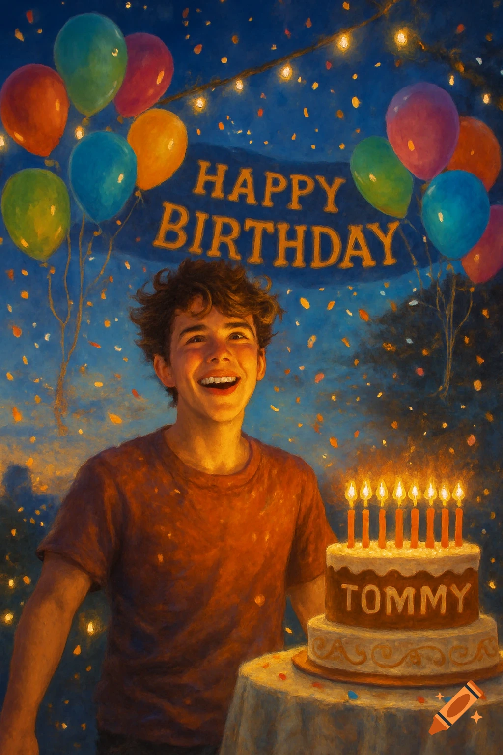 A smiling boy with curly hair stands in front of a birthday cake, balloons, and a "HAPPY BIRTHDAY" banner in a painterly style.