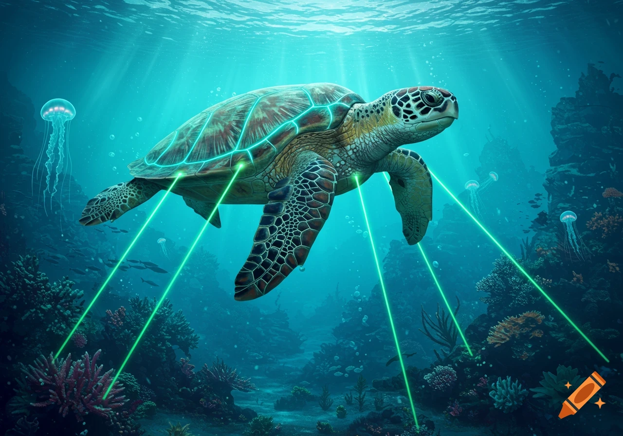 A glowing sea turtle with green lasers emerging from its shell, swimming in a vibrant underwater coral reef.