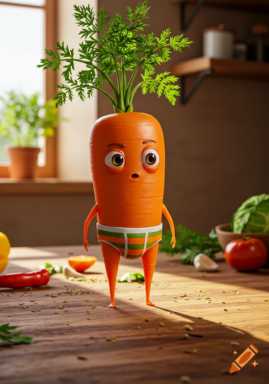 A surprised cartoon carrot character with eyes and a mouth, wearing green and orange striped underwear, stands on a wooden kitchen counter with other vegetables.
