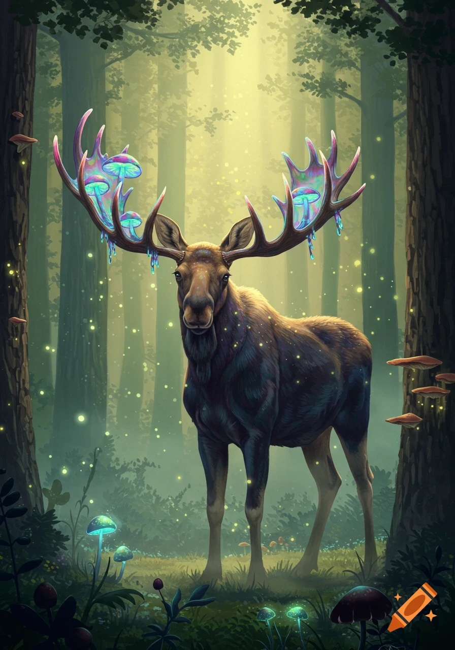 A majestic moose with glowing, colorful mushrooms on its antlers in a mystical forest.