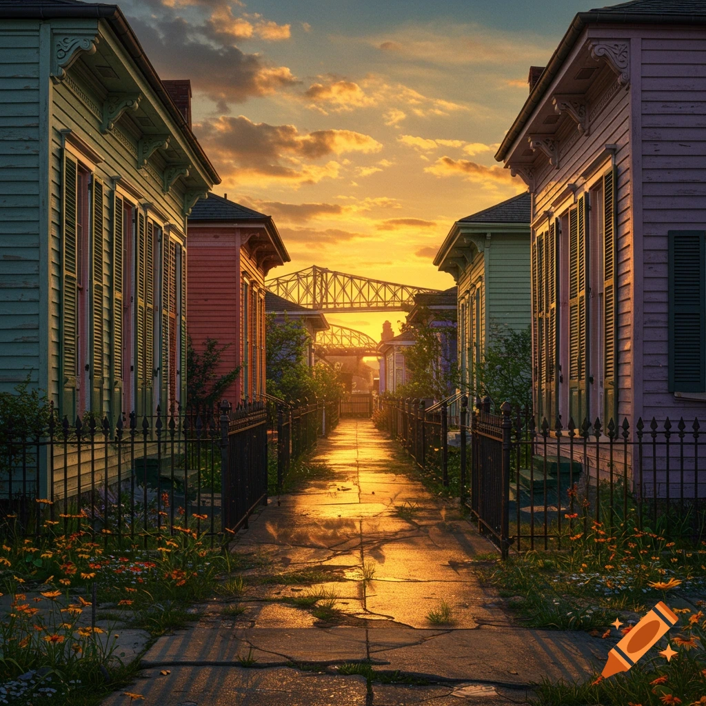 Photorealistic image of colorful houses lining a wet pathway toward a bridge under a golden sunset in New Orleans.