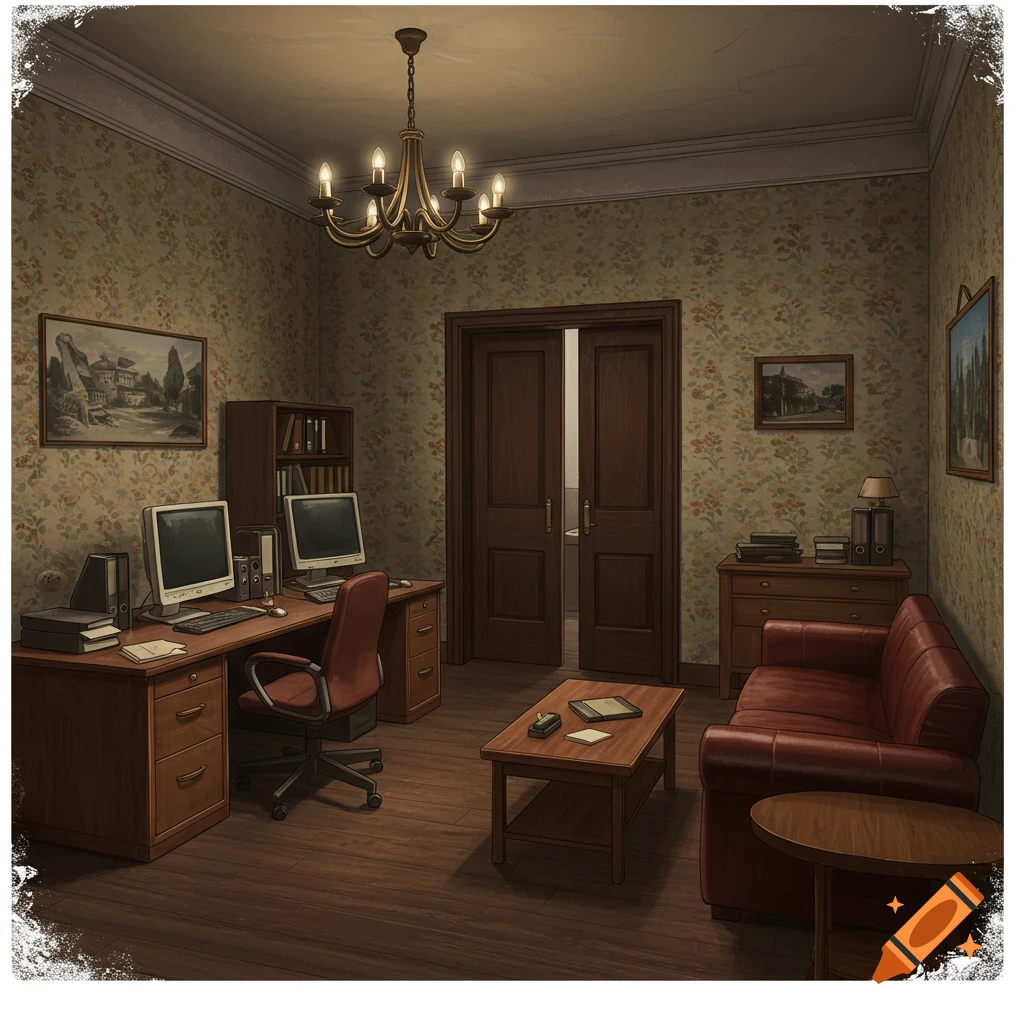 An old-fashioned office room with patterned wallpaper, wooden desks, two computers, a brown leather sofa, and a chandelier.