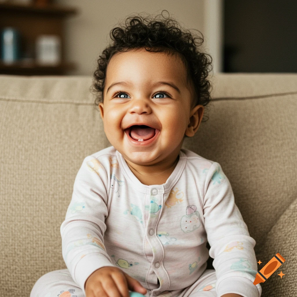 Close-up of a happy baby with curly dark hair and bright blue eyes, wearing pajamas, sitting on a couch and laughing.