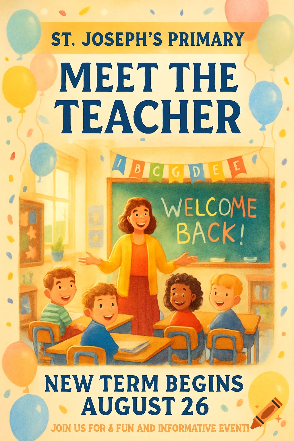 A colorful poster advertising a "Meet the Teacher" event at St. Joseph's Primary, featuring a smiling teacher and four children in a classroom, with balloons and confetti.
