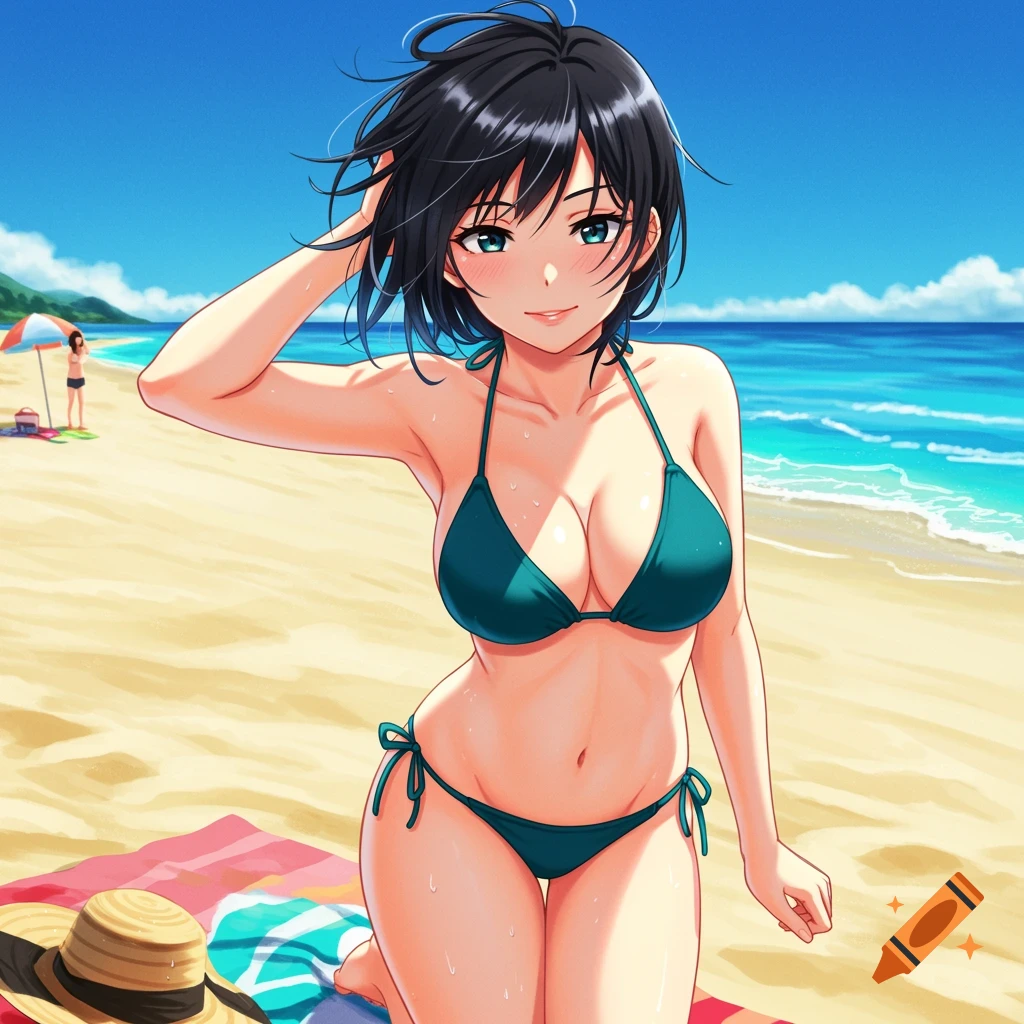 Anime girl with short dark hair in a teal bikini poses on a sunny beach with blue water.