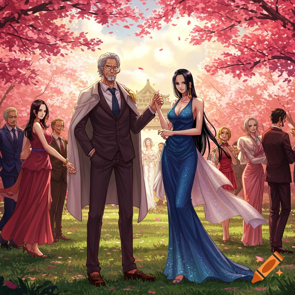 Anime style illustration of Rayleigh and Boa Hancock in formal attire, holding hands under cherry blossom trees at a wedding.