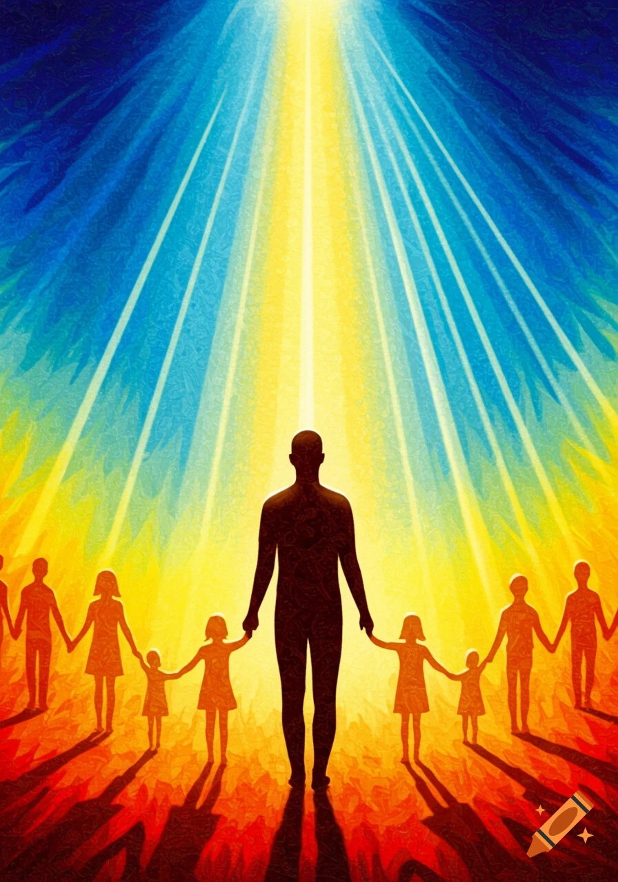 Silhouettes of adults and children holding hands under bright, multi-colored light rays in a vibrant, textured painting.