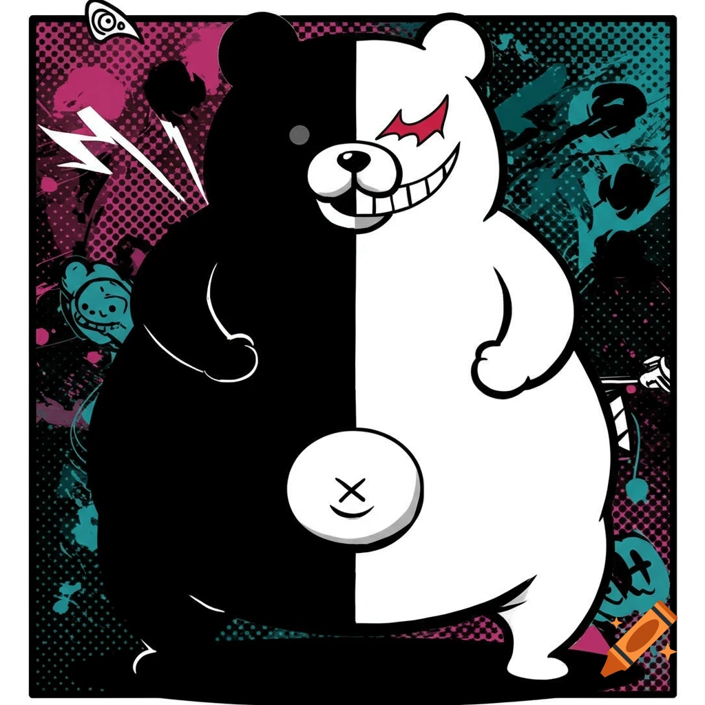 A stylized illustration of Monokuma, a cartoon bear split down the middle with black and white halves. The white half grins evilly with a red eye; the bear has a large belly, against a chaotic pink and blue background.