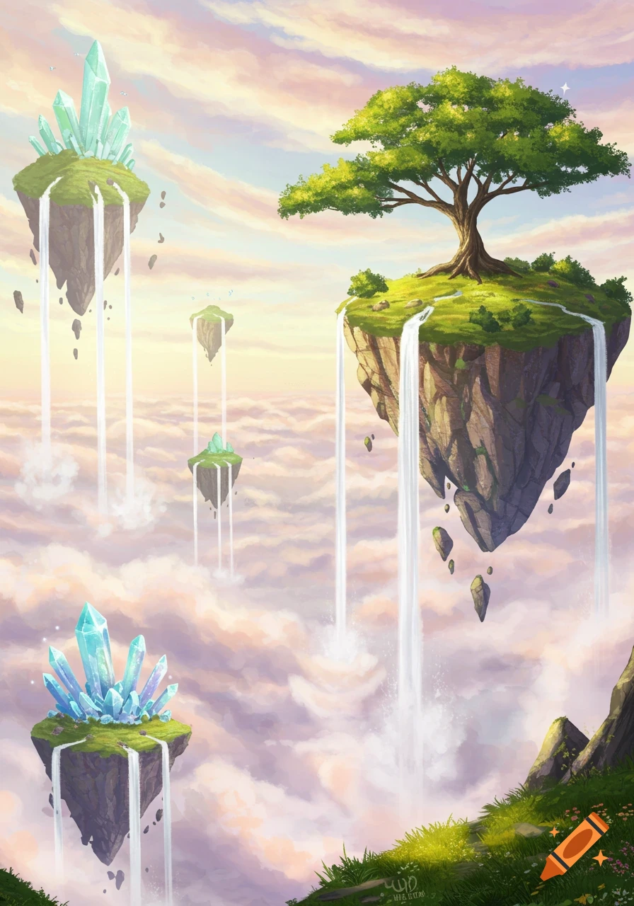 A vibrant fantasy landscape featuring floating islands with trees and glowing crystals, cascading waterfalls, and clouds in a colorful sky.